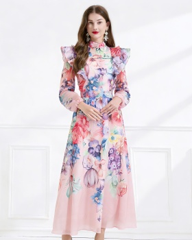 Colors flowers elegant style printing lotus leaf edges dress