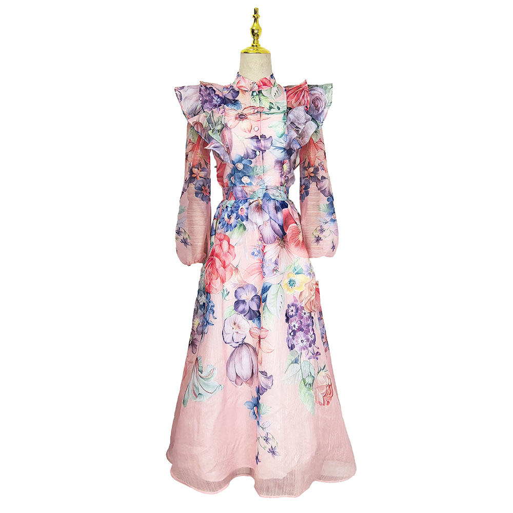 Colors flowers elegant style printing lotus leaf edges dress