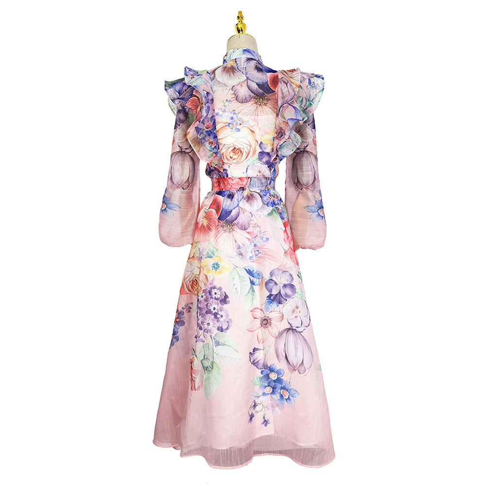 Colors flowers elegant style printing lotus leaf edges dress