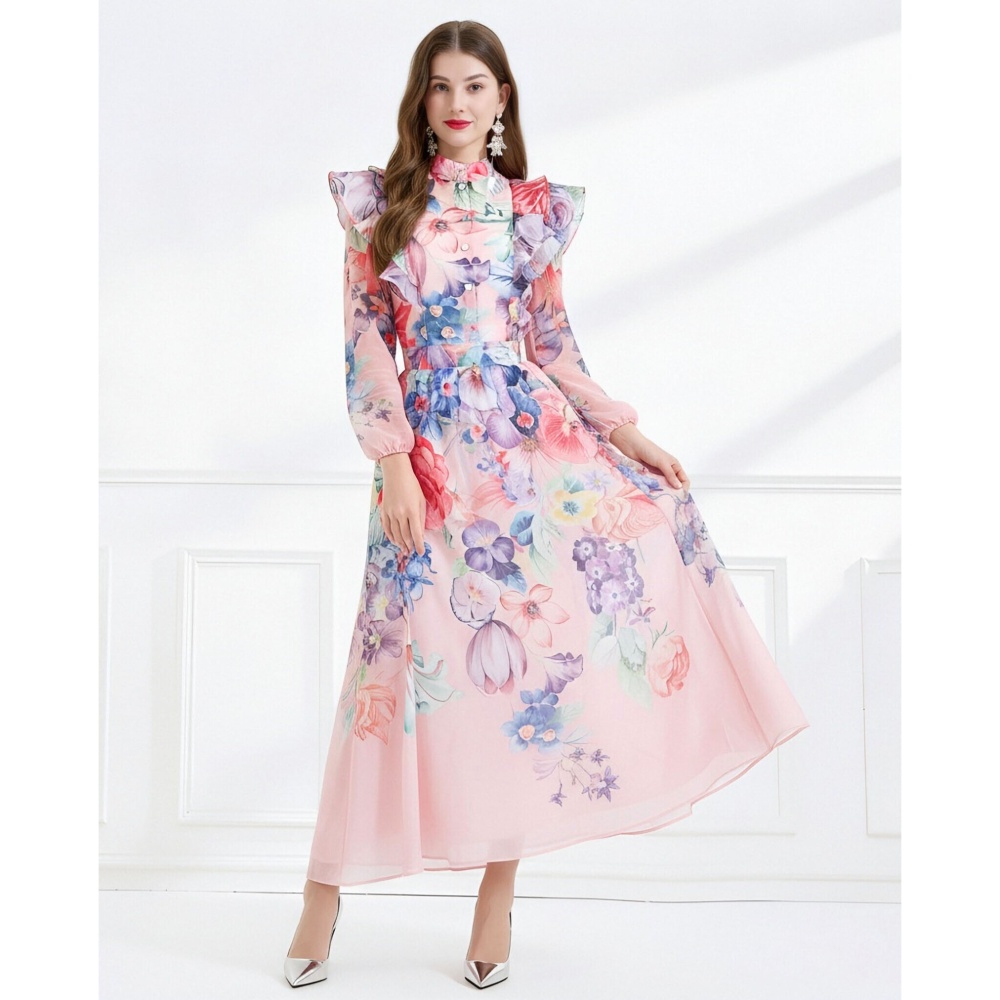 Colors flowers elegant style printing lotus leaf edges dress