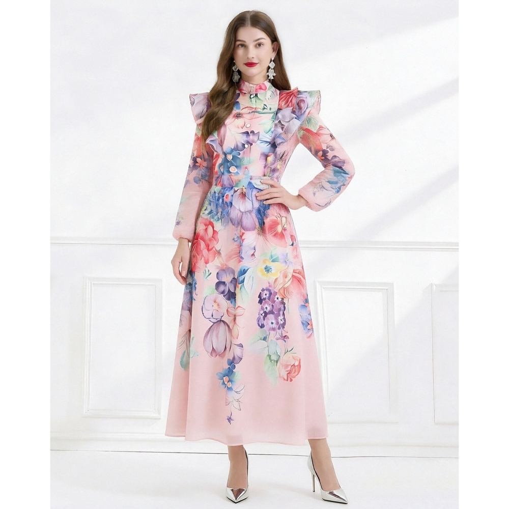 Colors flowers elegant style printing lotus leaf edges dress