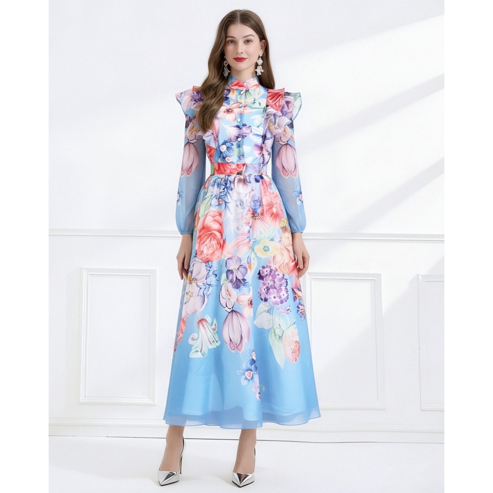Printing lotus leaf edges elegant style flowers dress