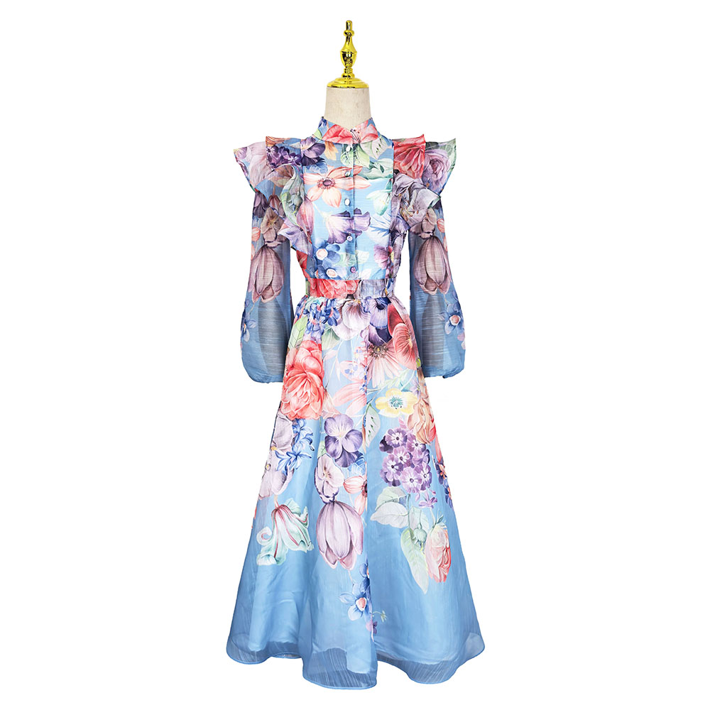 Printing lotus leaf edges elegant style flowers dress