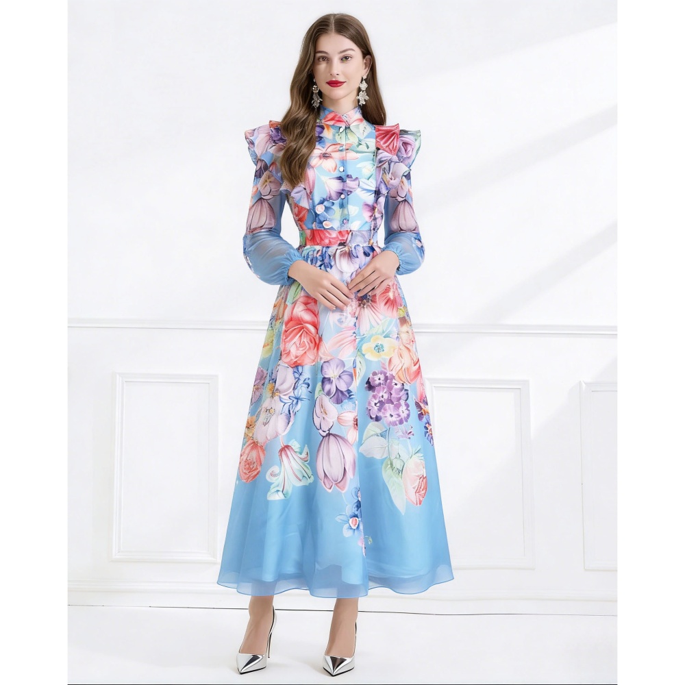 Printing lotus leaf edges elegant style flowers dress
