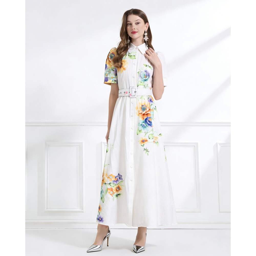 Flowers pattern lotus leaf edges summer long dress