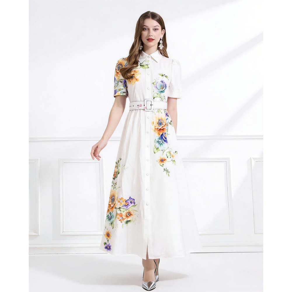 Flowers pattern lotus leaf edges summer long dress