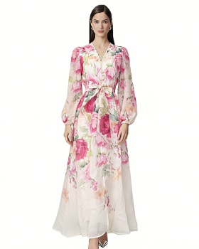 Spring frenum elegant V-neck single-breasted dress