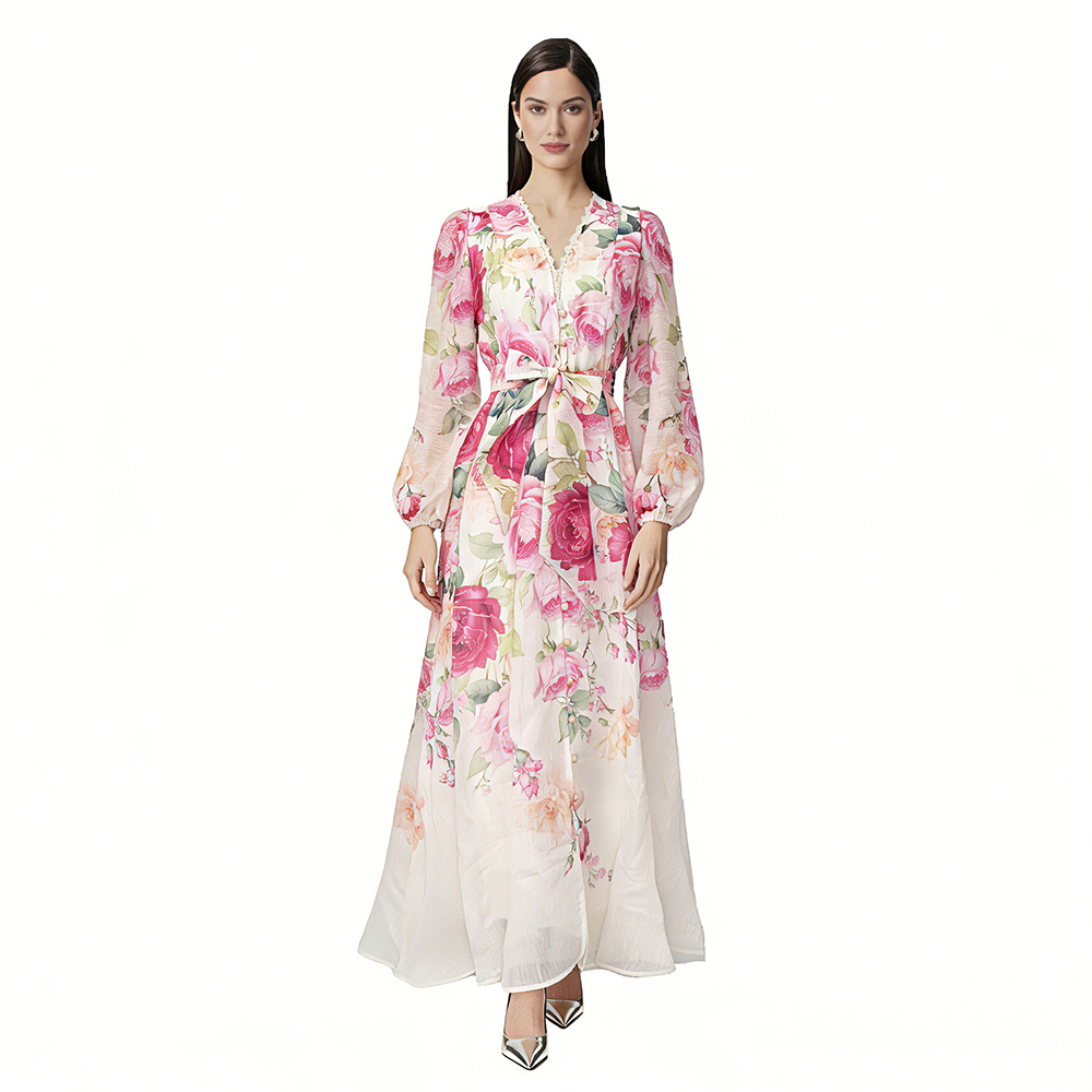 Spring frenum elegant V-neck single-breasted dress