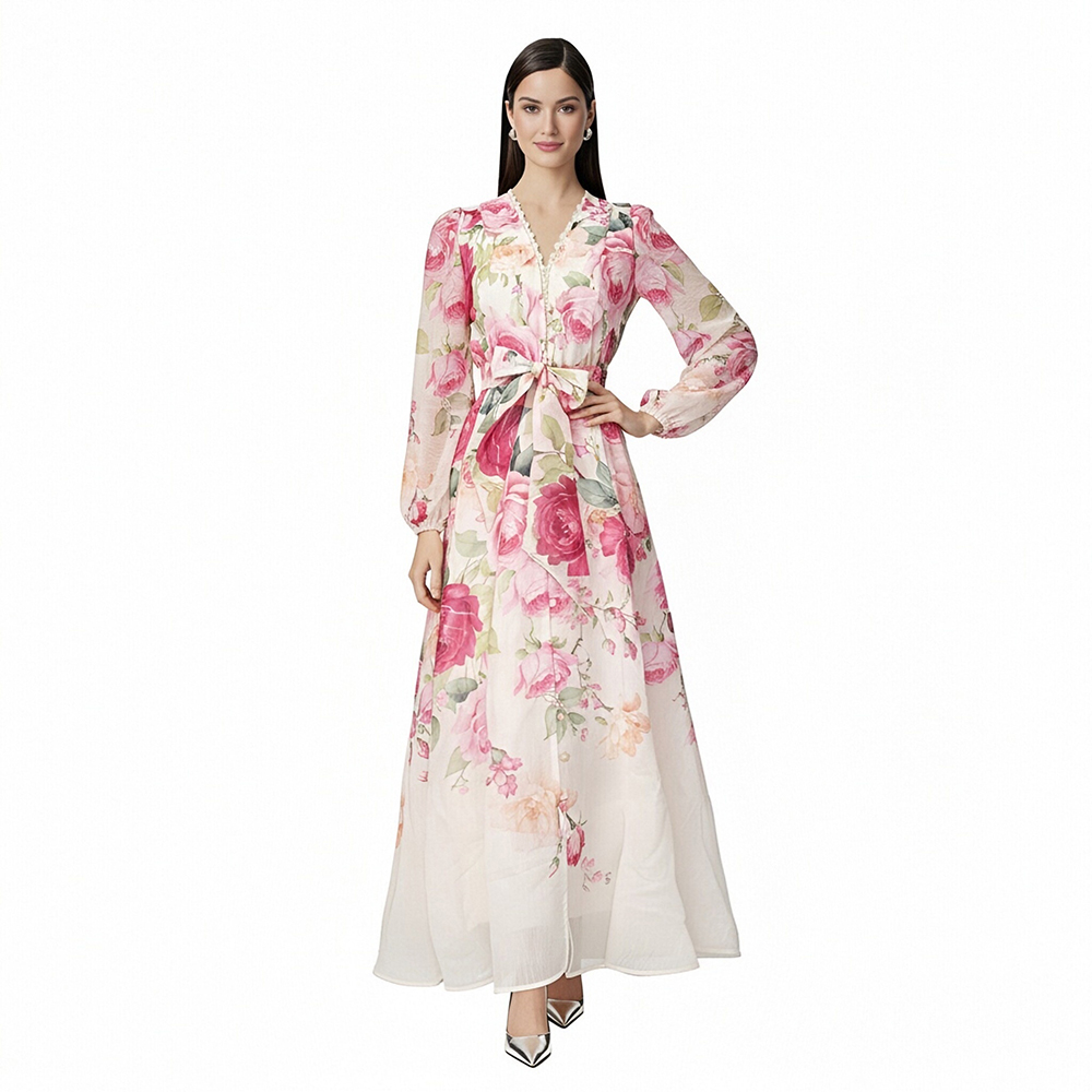 Spring frenum elegant V-neck single-breasted dress