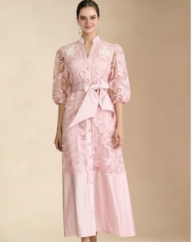 Pinched waist puff sleeve short sleeve frenum lace dress