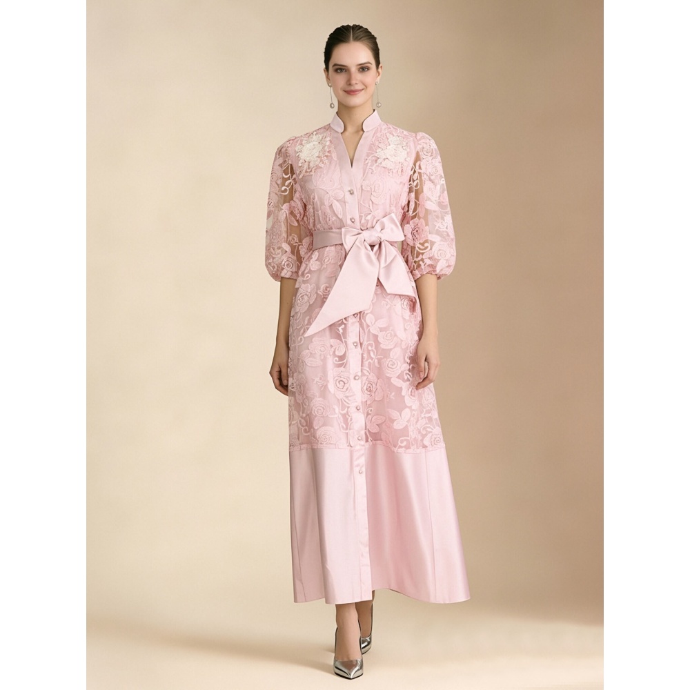 Pinched waist puff sleeve short sleeve frenum lace dress