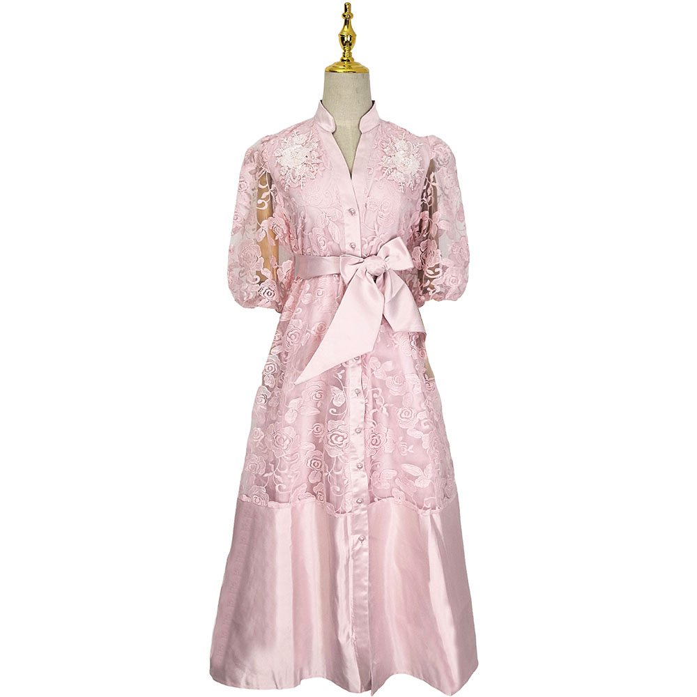 Pinched waist puff sleeve short sleeve frenum lace dress