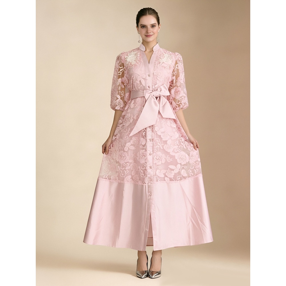 Pinched waist puff sleeve short sleeve frenum lace dress