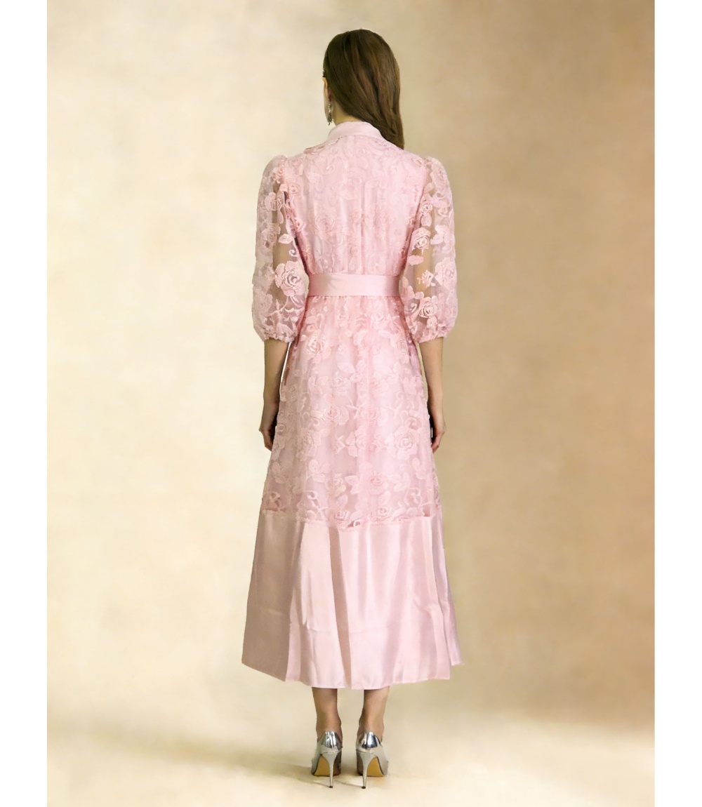 Pinched waist puff sleeve short sleeve frenum lace dress