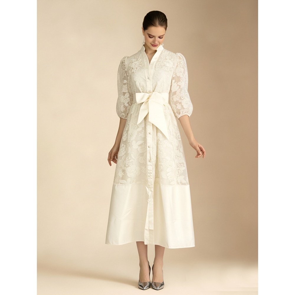 Elegant short sleeve summer lace frenum puff sleeve dress