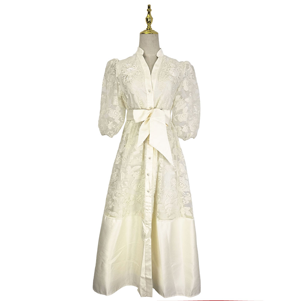 Elegant short sleeve summer lace frenum puff sleeve dress