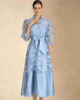 Pinched waist puff sleeve elegant summer lace dress