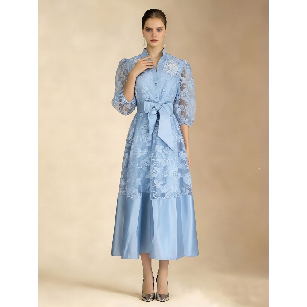 Pinched waist puff sleeve elegant summer lace dress