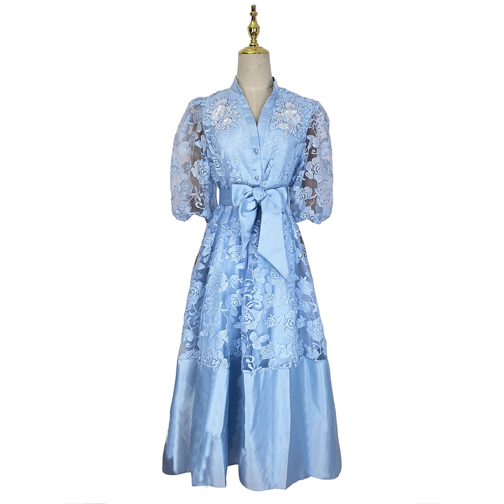 Pinched waist puff sleeve elegant summer lace dress