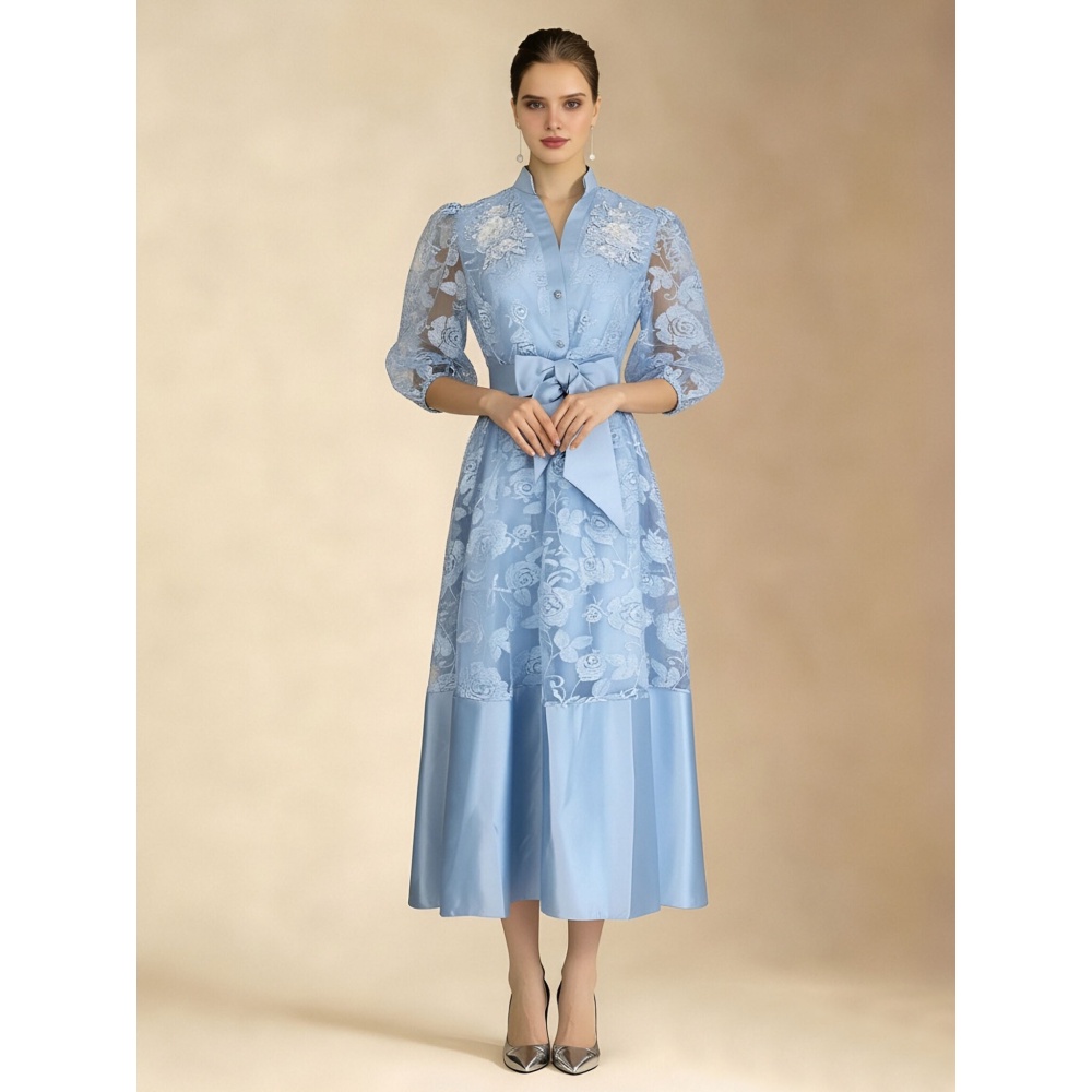 Pinched waist puff sleeve elegant summer lace dress