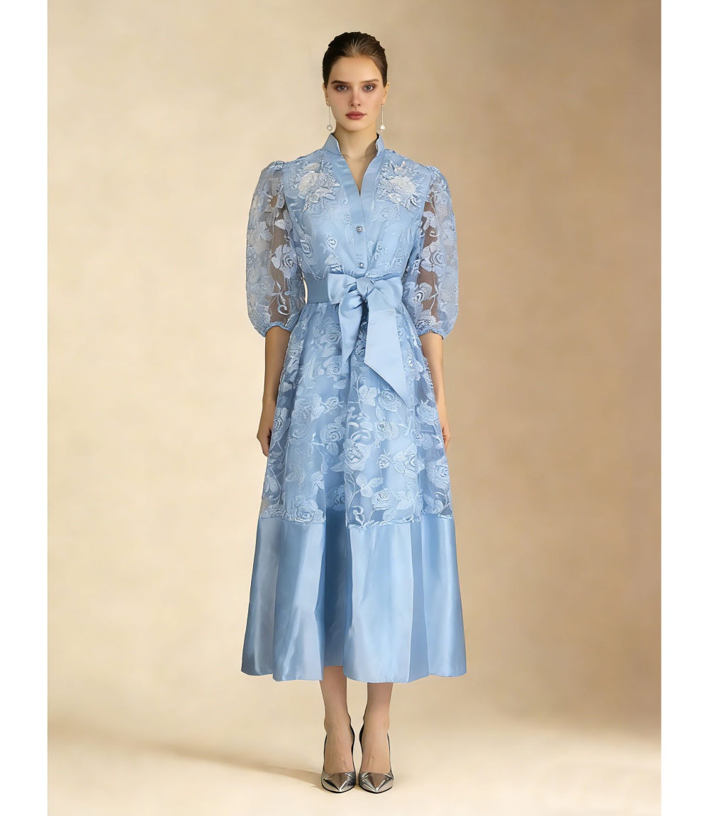 Pinched waist puff sleeve elegant summer lace dress