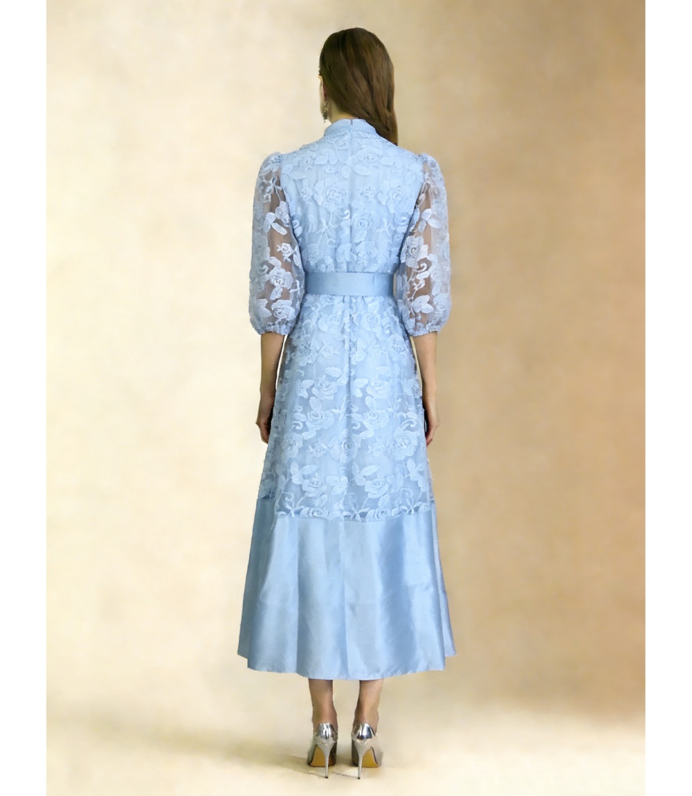 Pinched waist puff sleeve elegant summer lace dress