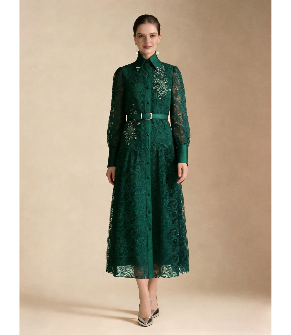 Temperament lapel elegant spring pinched waist dress