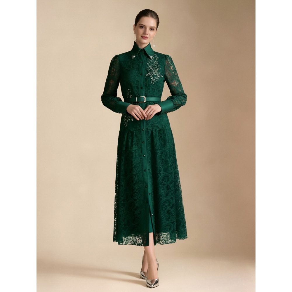 Temperament lapel elegant spring pinched waist dress