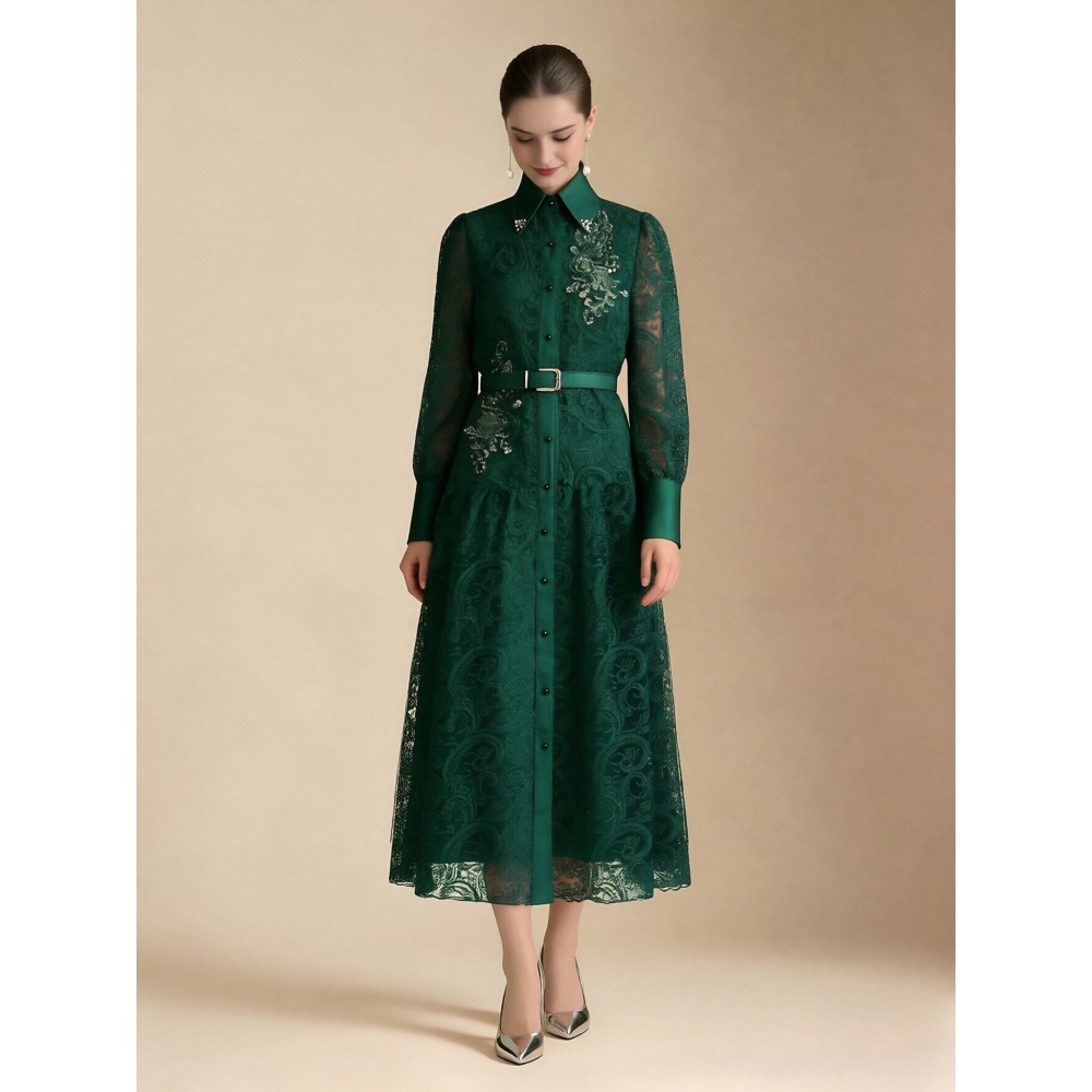 Temperament lapel elegant spring pinched waist dress