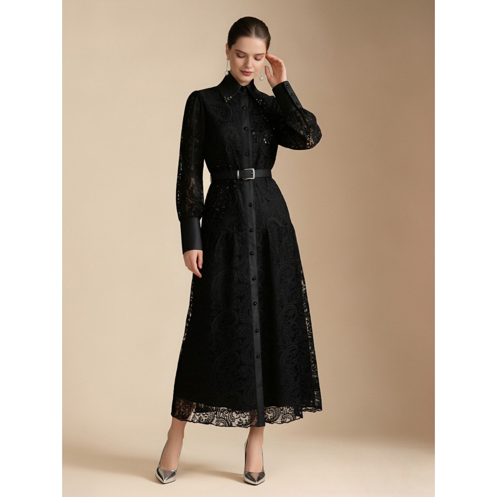 Elegant colors temperament lace lapel stereoscopic dress