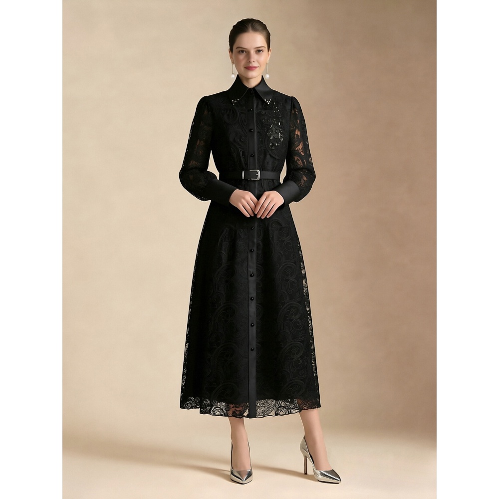 Elegant colors temperament lace lapel stereoscopic dress