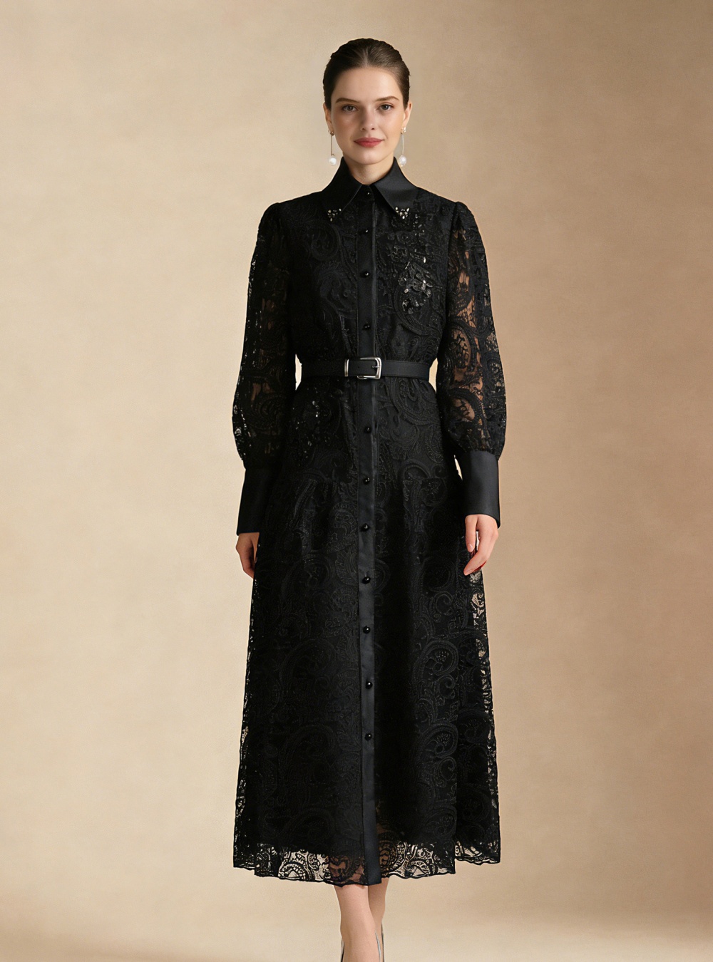 Elegant colors temperament lace lapel stereoscopic dress