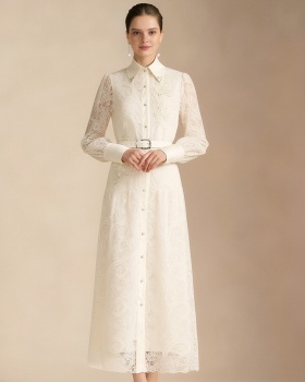 Lace elegant temperament lapel pinched waist dress