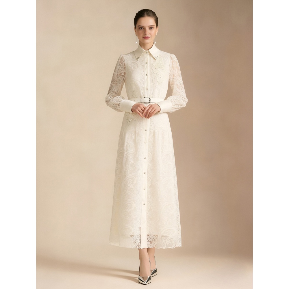 Lace elegant temperament lapel pinched waist dress