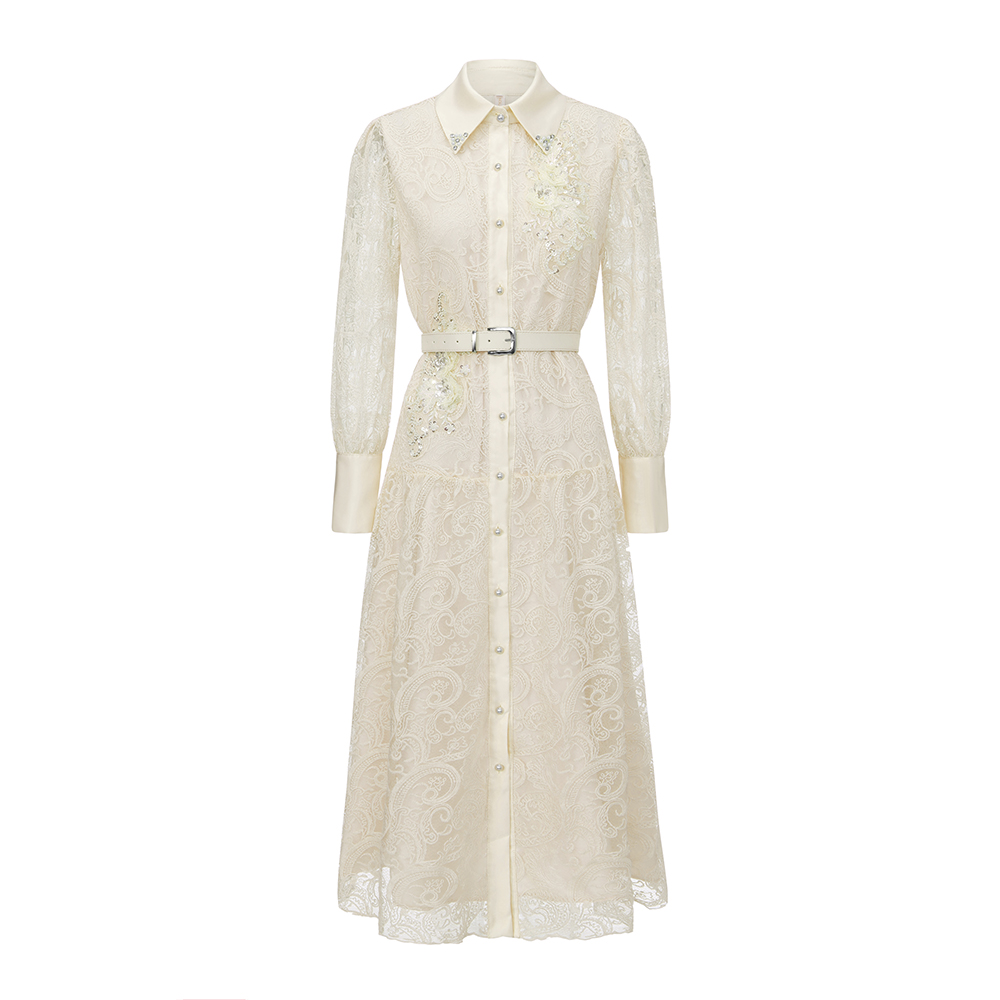 Lace elegant temperament lapel pinched waist dress