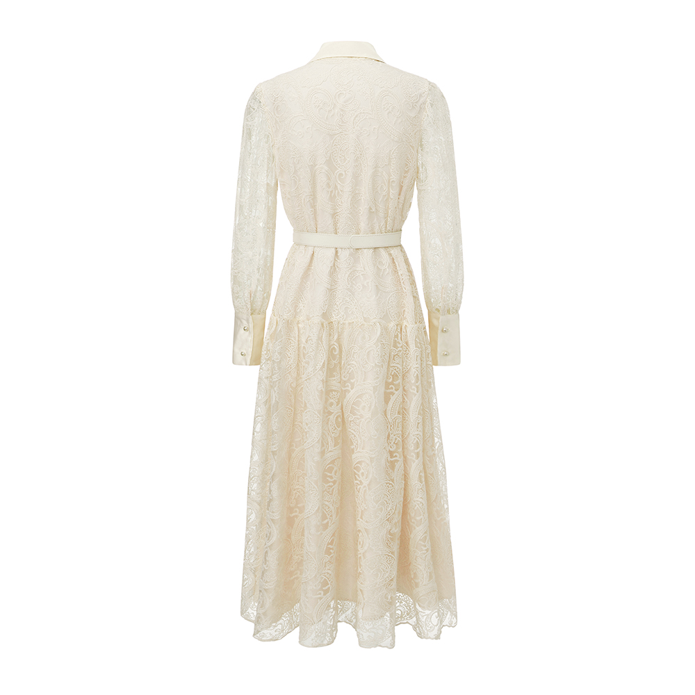 Lace elegant temperament lapel pinched waist dress