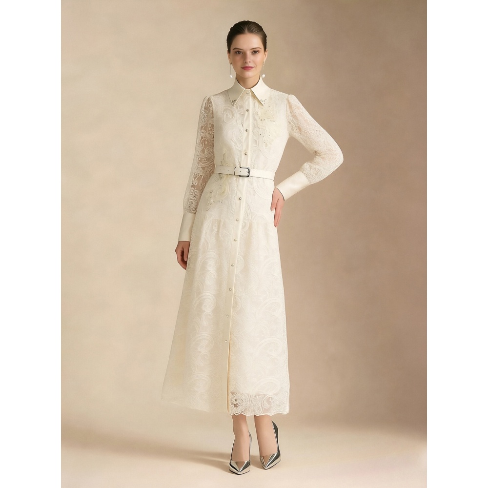 Lace elegant temperament lapel pinched waist dress