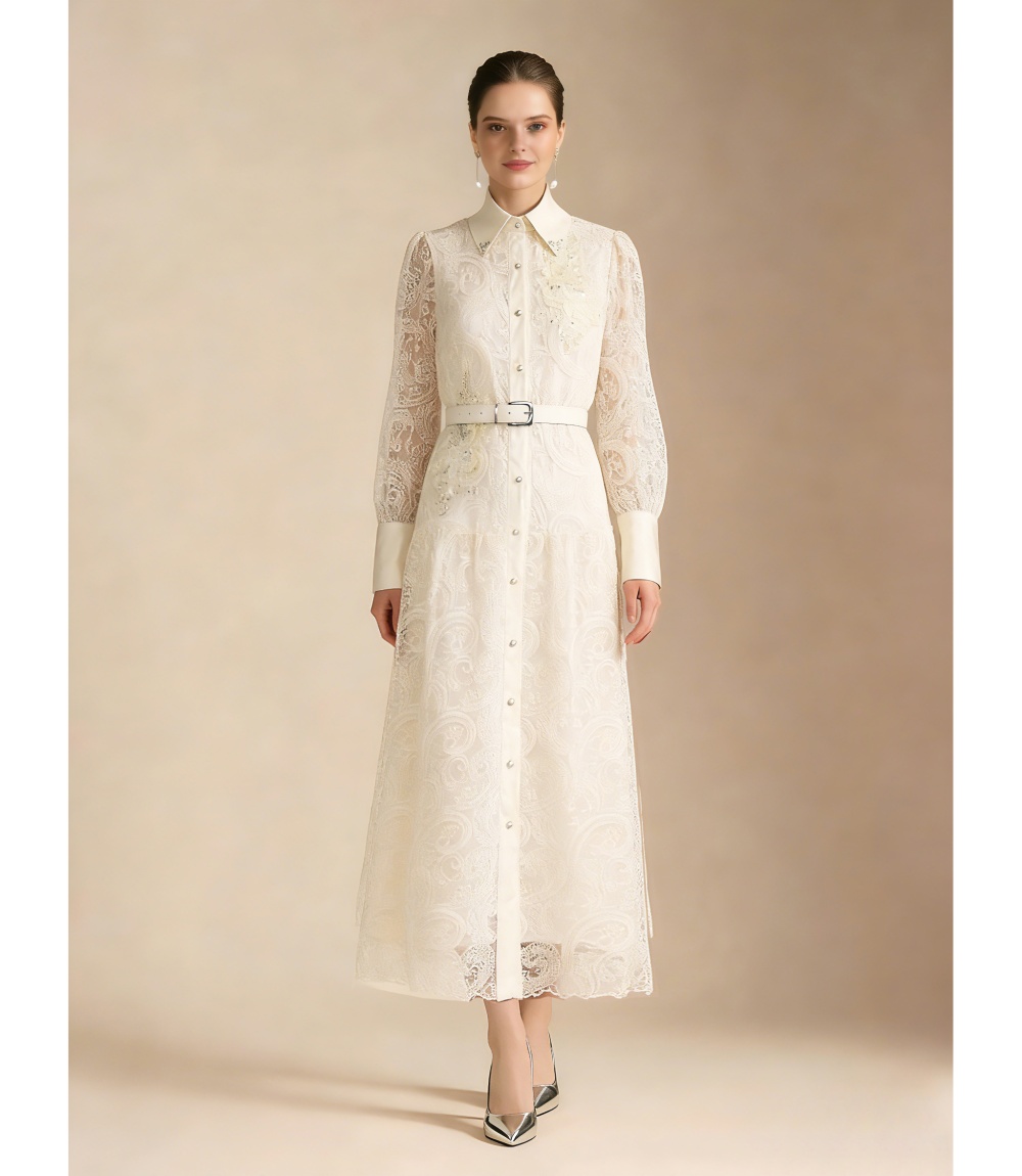 Lace elegant temperament lapel pinched waist dress