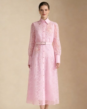 Temperament lapel elegant pinched waist lace dress