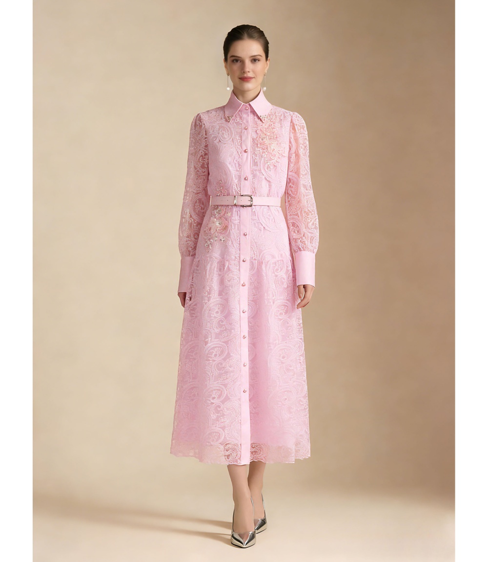 Temperament lapel elegant pinched waist lace dress