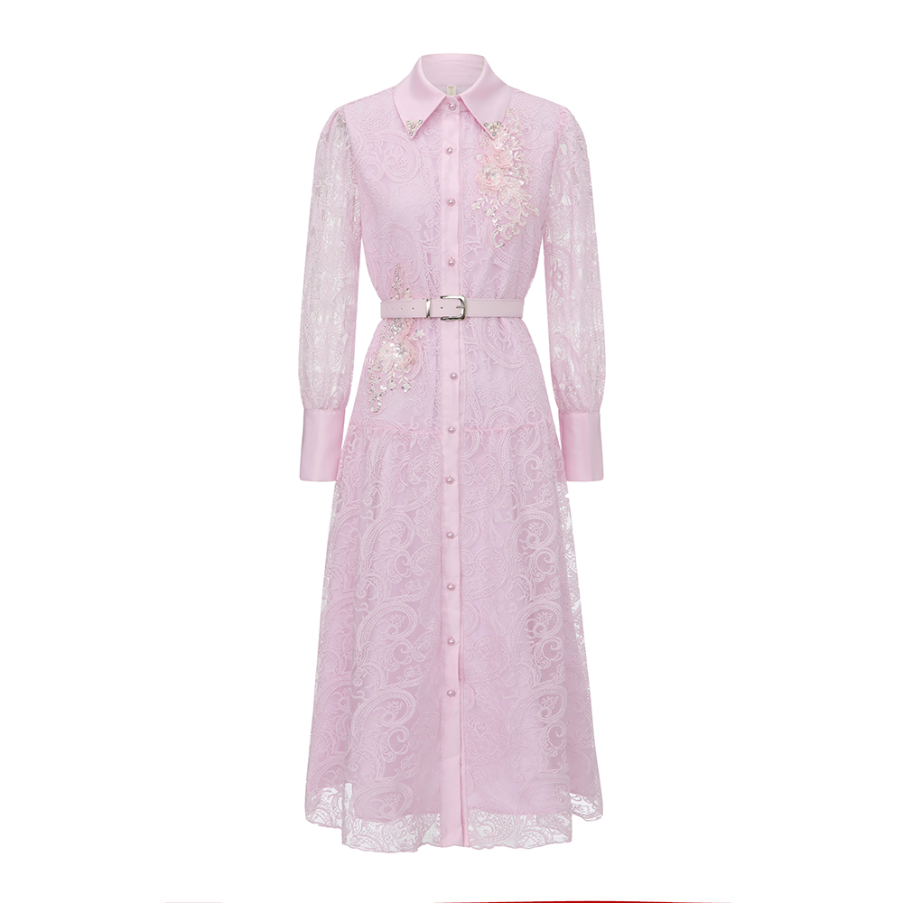 Temperament lapel elegant pinched waist lace dress
