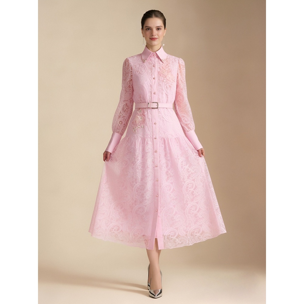Temperament lapel elegant pinched waist lace dress