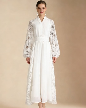 Lace elegant style lantern sleeve dress