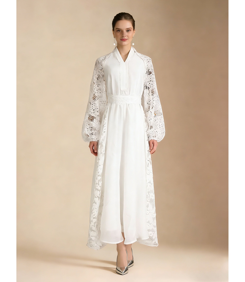 Lace elegant style lantern sleeve dress