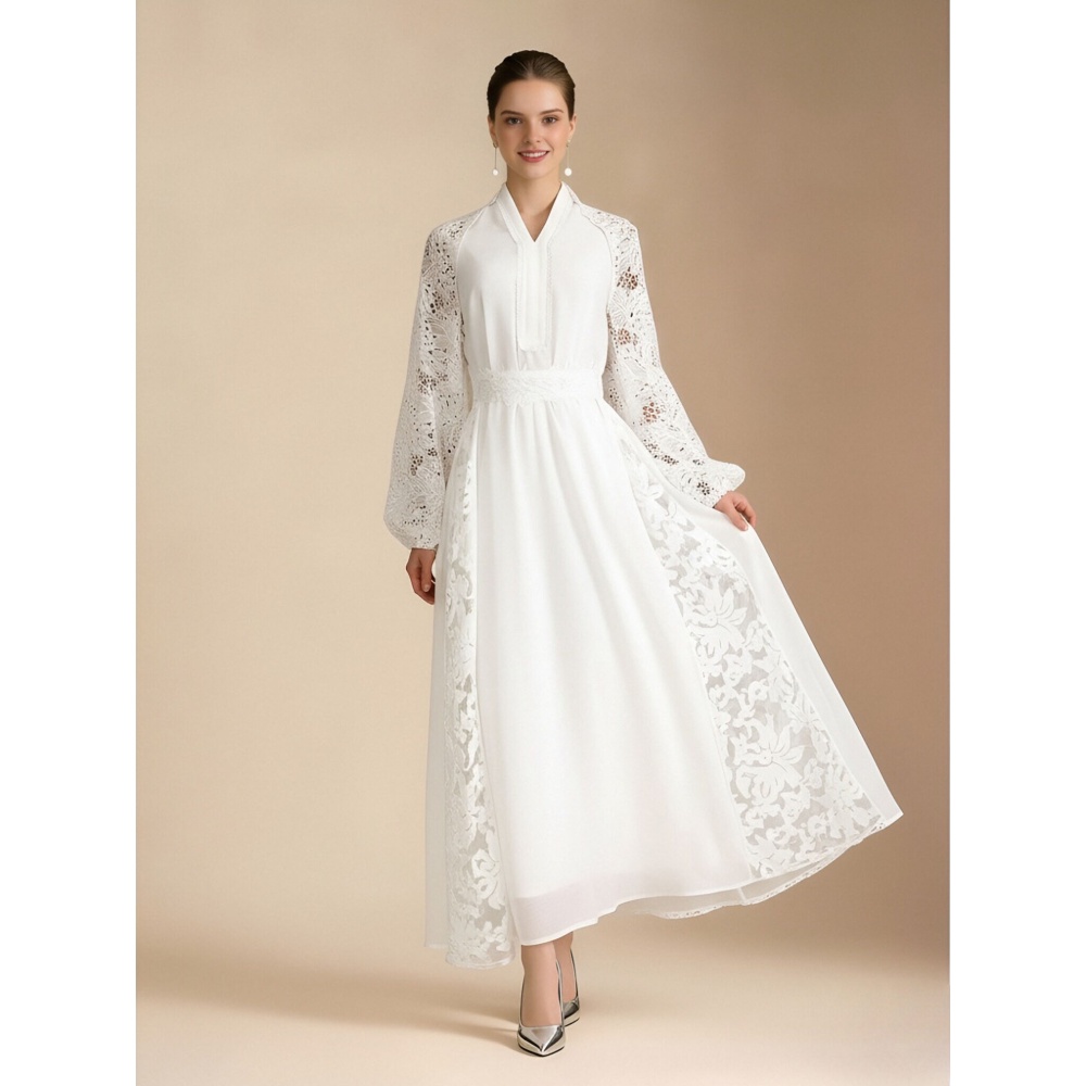 Lace elegant style lantern sleeve dress