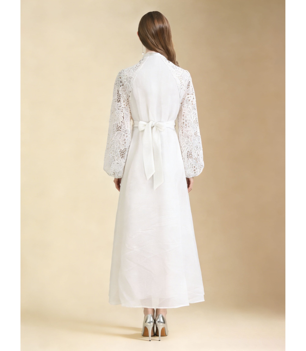 Lace elegant style lantern sleeve dress