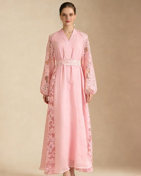 Lace vacation elegant style V-neck lantern sleeve dress