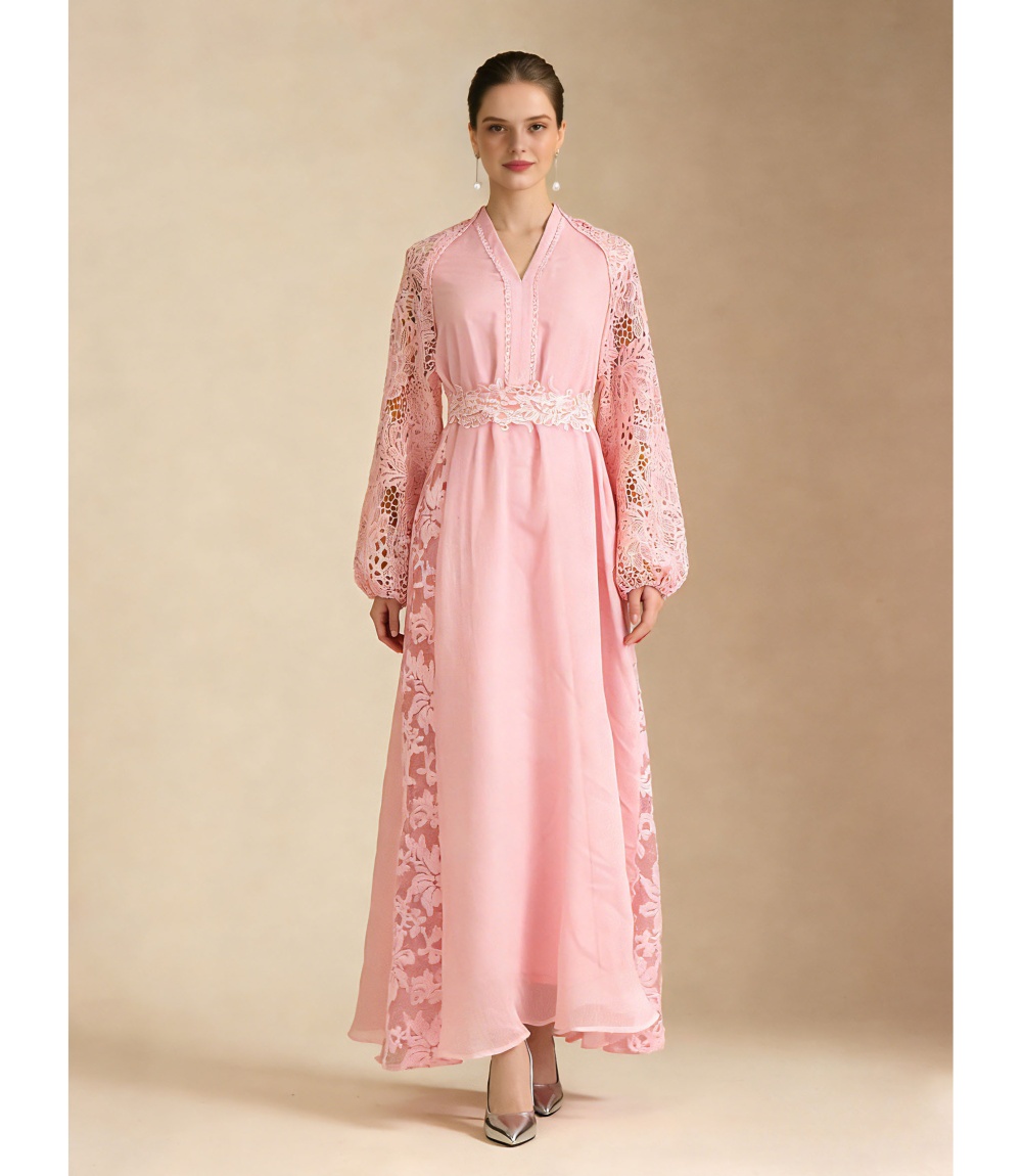 Lace vacation elegant style V-neck lantern sleeve dress