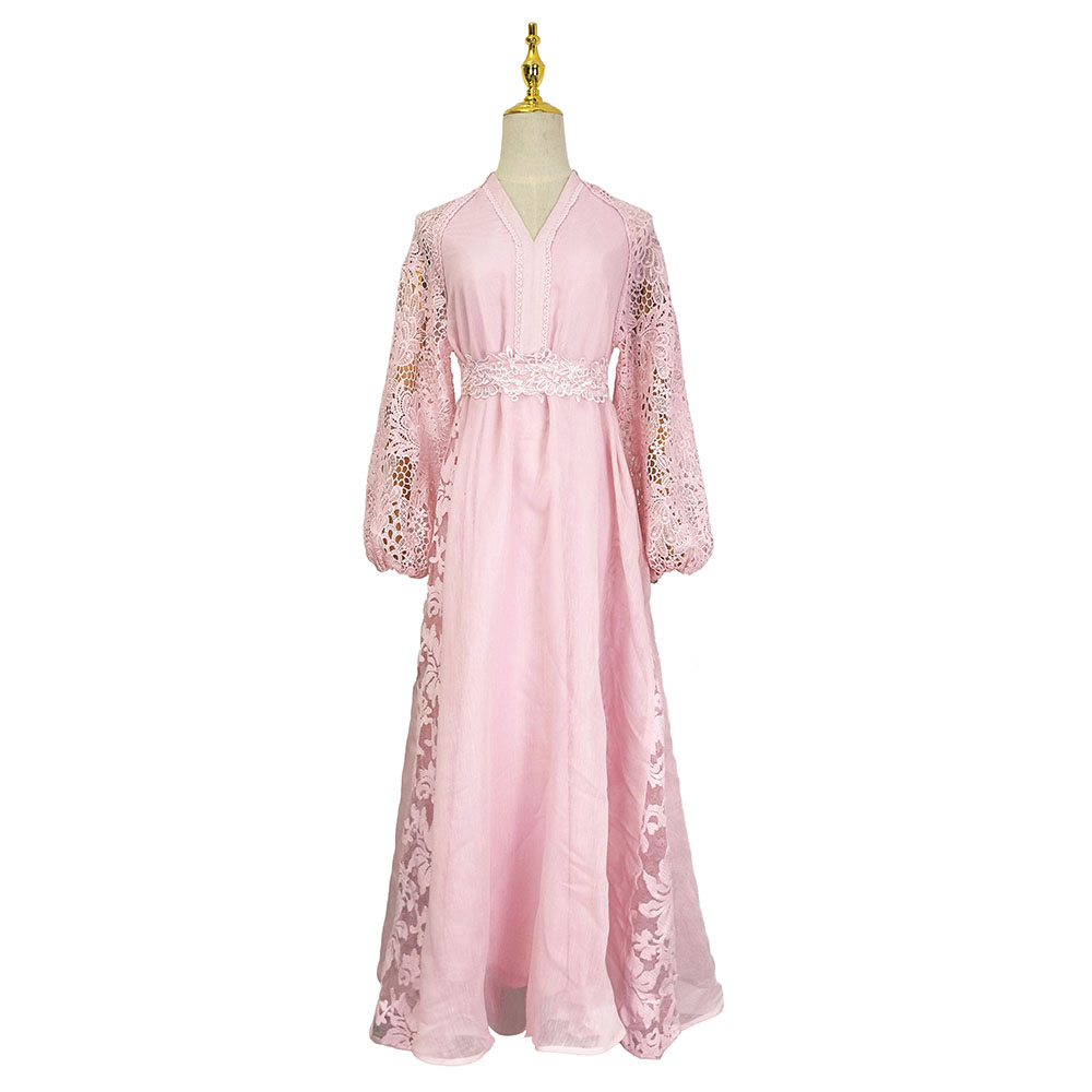 Lace vacation elegant style V-neck lantern sleeve dress