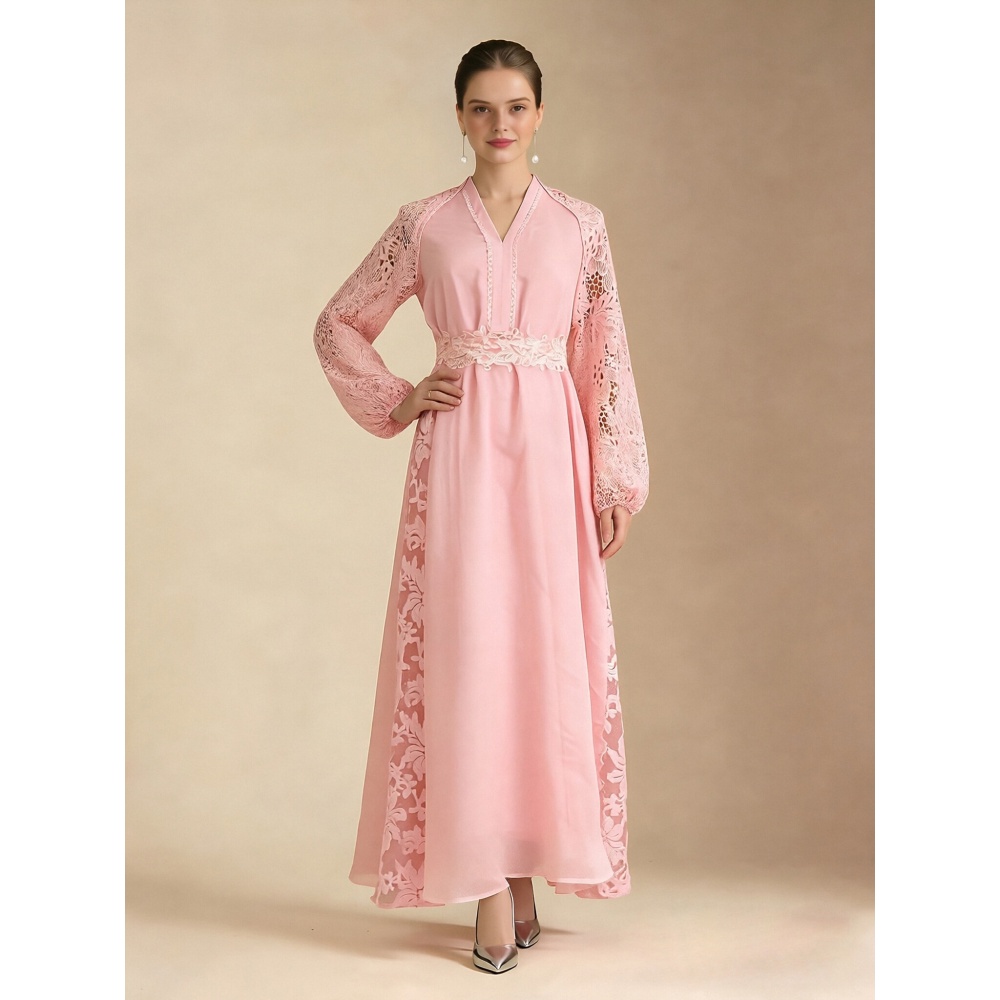 Lace vacation elegant style V-neck lantern sleeve dress